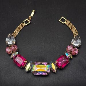 Pink Aurora Borealis Rhinestone Bracelet Gold Tone Mesh Plastic